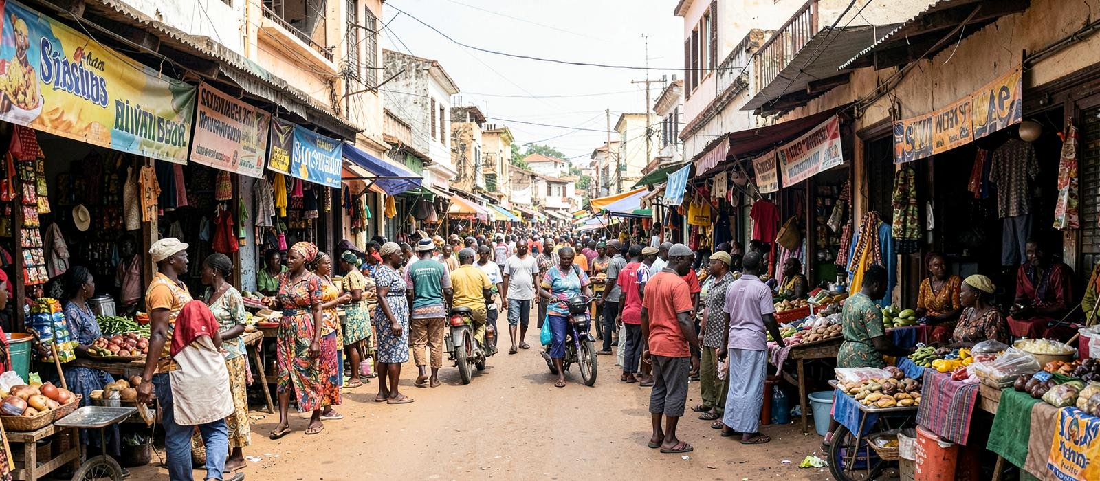 Rue marchande animée en Côte d'Ivoire avec commerces de proximité